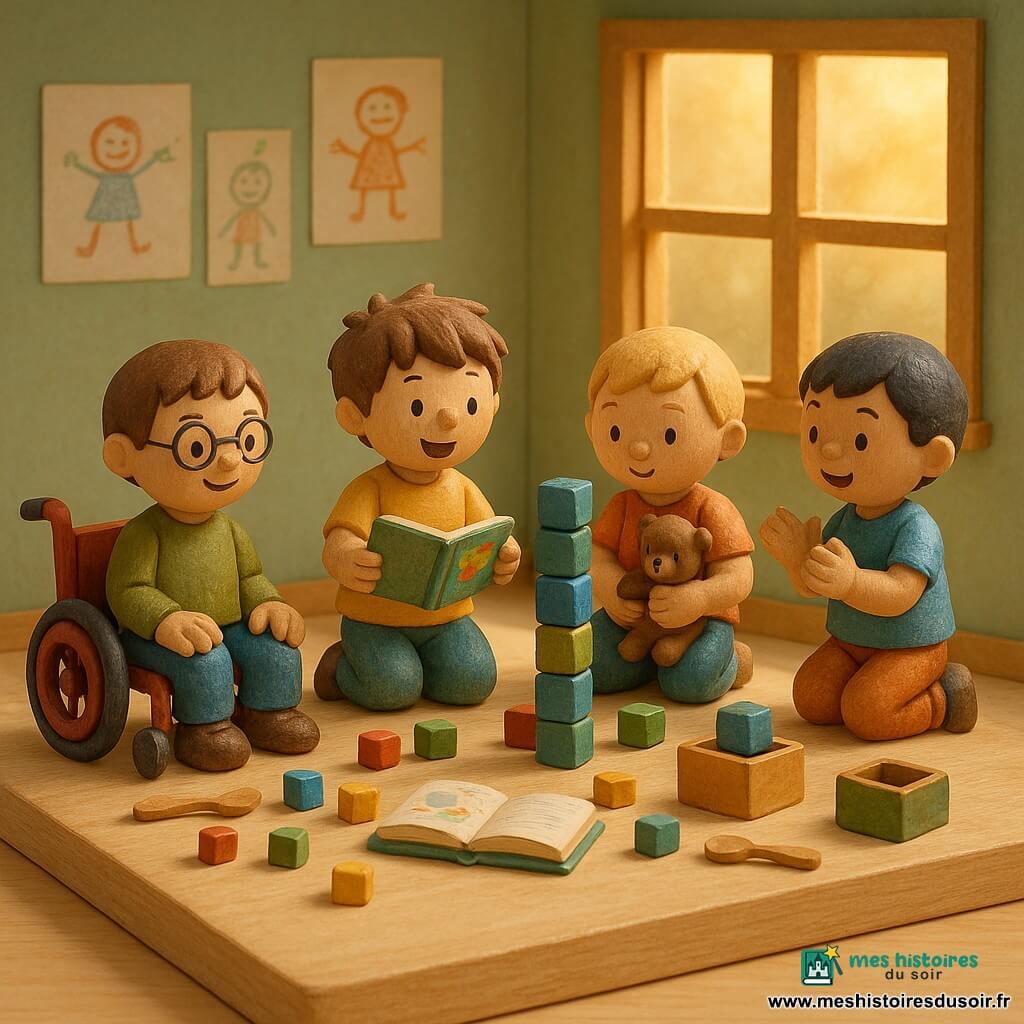 Quatre garçons de 6 ans jouent dans une salle de classe en diorama posée sur une table en bois clair : un garçon aux cheveux courts châtains et lunettes tient un petit fauteuil roulant rouge à droite et sourit, un garçon aux cheveux bruns en bataille en t‑shirt jaune montre un livre coloré au centre‑gauche en regardant les autres, un garçon blond tient un doudou brun assis au centre‑droite et observe la tour de cubes, et un garçon aux cheveux noirs en t‑shirt bleu stabilise une tour de cubes bleus et verts à droite, prêt à applaudir. Grandes fenêtres laissent entrer un rayon de soleil doré, murs vert pâle ornés de dessins d'enfants, table basse avec cubes colorés, petites cuillères en bois, livre ouvert et boîte de cubes empilés ; la tour vacille mais tient grâce à leurs mains qui s'entraident, ambiance chaleureuse, couleurs vives et textures bois et papier avec ombres douces.