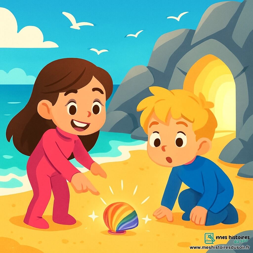 Léa, une fille de six ans avec de longs cheveux bruns et une combinaison de plongée rose, pointe un coquillage brillant dans le sable. Hugo, un garçon de six ans aux cheveux blonds en bataille et en combinaison bleue, l'observe avec étonnement. L'histoire se déroule sur une plage ensoleillée avec des rochers gris et des vagues douces. Léa et Hugo découvrent un minuscule coquillage aux couleurs de l’arc-en-ciel, qui brille dans le sable. Une porte secrète s'ouvre entre les rochers, révélant un tunnel lumineux les invitant à une aventure sous-marine.