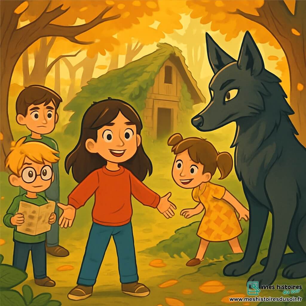 Cinq personnages se tiennent dans une forêt dense : Léa, 10 ans, avec des cheveux bruns et un pull rouge, sourit au centre ; Hugo, 9 ans, avec des cheveux blonds et des lunettes, tient un vieux plan ; Camille, 10 ans, avec des couettes et une robe à fleurs, se penche en avant ; Tom, 11 ans, avec des cheveux châtains, observe prudemment. Devant eux, un loup majestueux au pelage sombre les regarde avec curiosité. La scène se déroule près d'une cabane abandonnée, illuminée par des rayons de soleil à travers le feuillage. Les enfants, courageux, essaient de convaincre le loup de leur bonté, tandis que celui-ci les observe avec méfiance et intérêt.