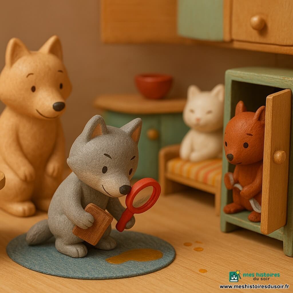 Petit Loup, jouet-loup en bois gris clair, agenouillé, loupe rouge et petit carnet brun, pointe une trace collante dorée; Noisette, écureuil en bois roux, assis dans l'ouverture d'un placard bas, tient une cuillère et a le museau collant de miel; Maman Louve, jouet-louve beige, accroupie à gauche, regarde Noisette avec douceur; Minette, chat blanc sur le canapé miniature, observe la scène; décor : cuisine-jouet colorée avec petite table, tapis bleu, placard ouvert contenant un pot de miel d'où une goutte et une ligne collante mènent vers Petit Loup, atmosphère ludique et chaleureuse.