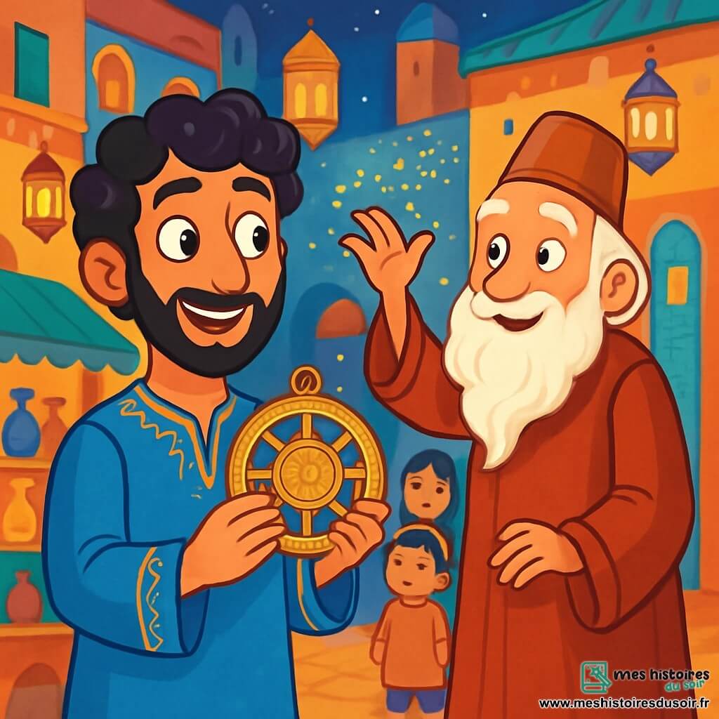 Un homme nommé Hakim, d'une trentaine d'années, avec des cheveux noirs bouclés et une barbe soignée, se tient au centre de la scène, exprimant curiosité et détermination. Il porte une tunique bleu azur ornée de motifs dorés et tient un astrolabe scintillant. À côté de lui, un maître-salteur âgé, à la longue barbe blanche et aux yeux brillants, lance des grains de sel dorés dans les airs, vêtu d'une robe en velours rouge et d'un chapeau en cuivre. Le décor est une place animée de la ville d'Azur, entourée de bâtiments colorés et de lanternes illuminant la scène. Hakim découvre la magie de l'astrolabe tandis que le maître-salteur crée une pluie scintillante de sel, captivant l'attention des enfants et des adultes rassemblés.