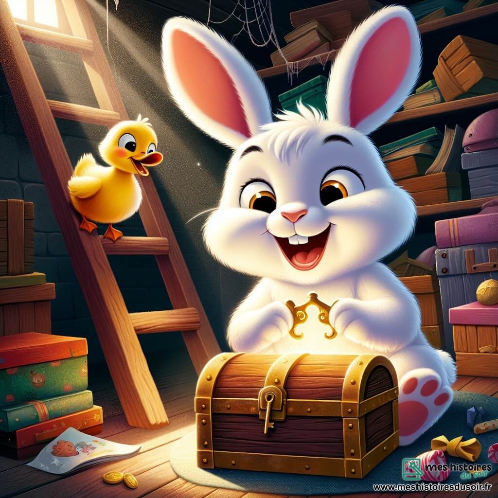 Un petit lapin nommé Léo, avec un pelage blanc et de grandes oreilles, est assis sur une vieille échelle en bois, tenant une clé dorée dans ses pattes avant, prêt à ouvrir un coffre mystérieux. À côté de lui, Coco le canard, un canard jaune, le regarde avec émerveillement, battant des ailes d'impatience. La scène se déroule dans un grenier poussiéreux rempli de vieux jouets et de livres, avec des rayons de lumière filtrant à travers une fenêtre sale. Léo et Coco s'apprêtent à ouvrir un coffre ancien qui brille, révélant un trésor de jouets, de bonbons et de livres d'histoires, dans une atmosphère d'aventure.