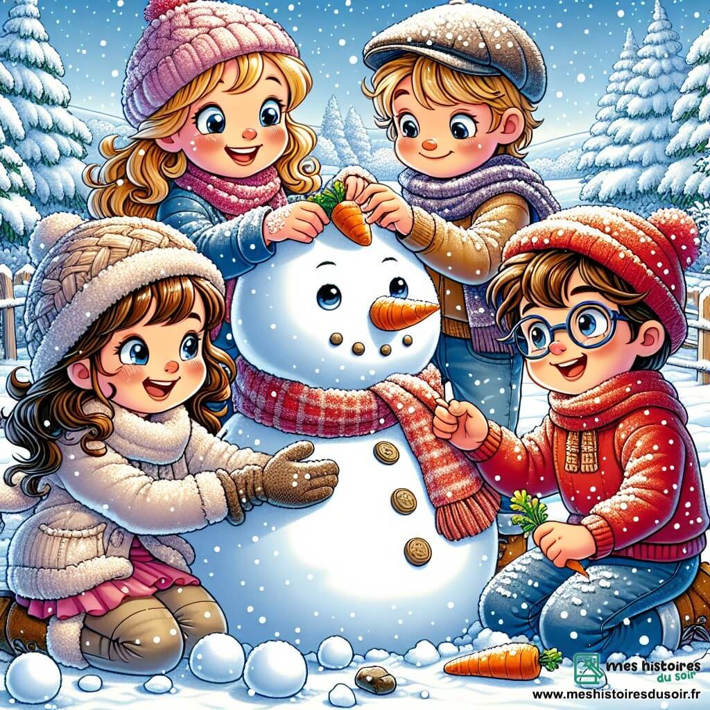 Dans un jardin enneigé, quatre amis construisent un bonhomme de neige. Léa, 8 ans, tient une carotte pour le nez. Nathan, 9 ans, forme la base avec des boules de neige. Timéo, 7 ans, ajoute des pierres pour les yeux, tandis que Clara, 6 ans, admire leur création. Le jardin est couvert de neige scintillante, avec des flocons tombant du ciel bleu clair. Les enfants rient et s'encouragent, ajoutant les derniers détails à leur bonhomme de neige, qu'ils ont nommé Giga-neige, partageant un moment de joie hivernale.