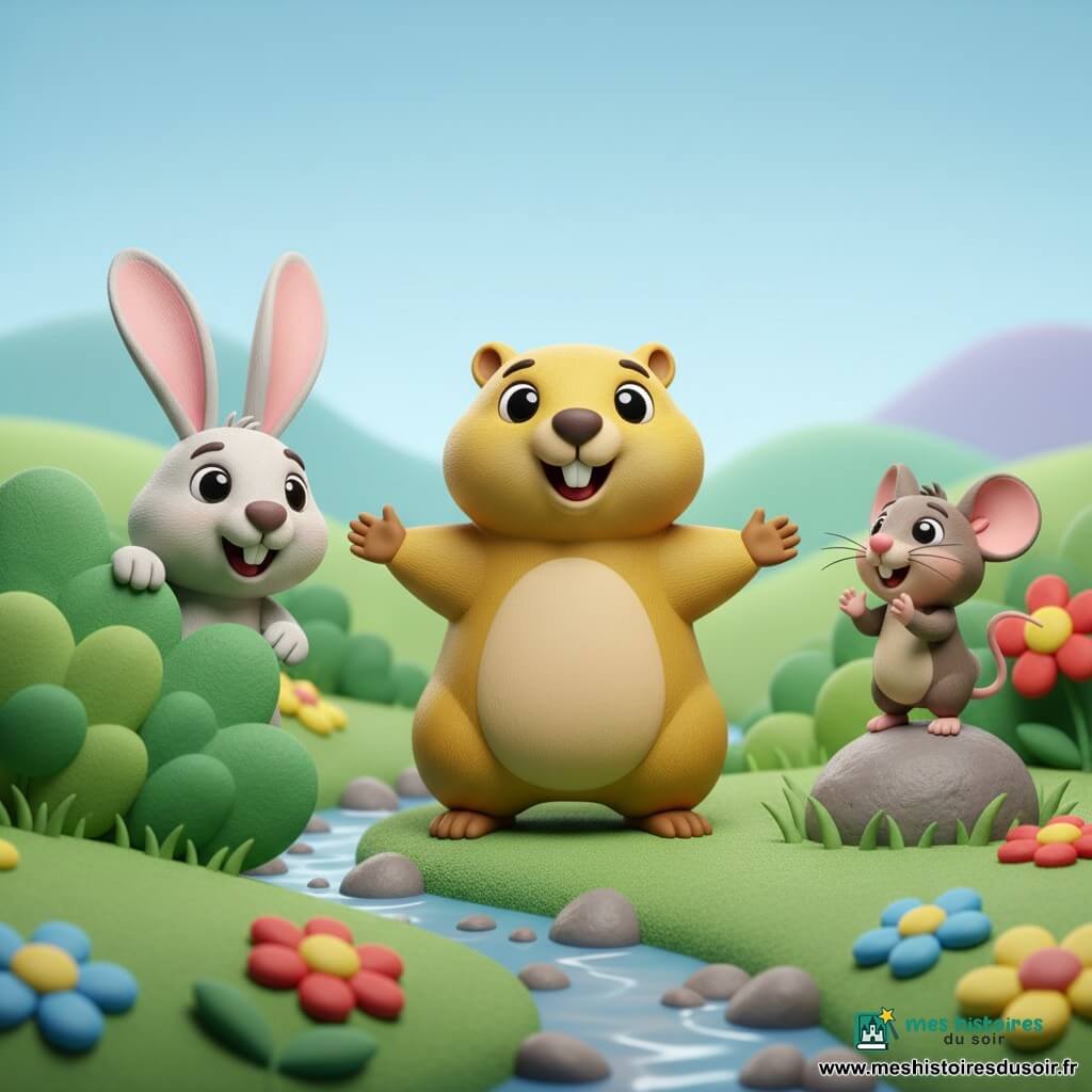 Margot, une marmotte dorée souriante debout sur ses pattes arrière, Benjamin, un lapin blanc-gris sortant d’un buisson en riant, et Sissi, une petite souris perchée sur un rocher et applaudissant, se retrouvent en riant après une partie de cache-cache dans une vallée herbeuse fleurie avec un petit ruisseau et des collines sous un ciel bleu pâle, ambiance chaleureuse et enfantine.