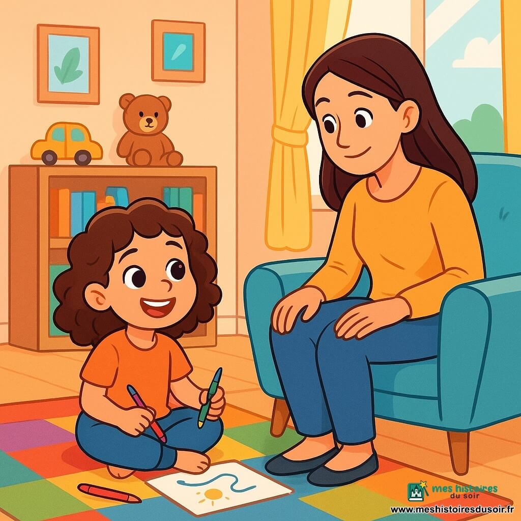 Une petite fille de 6 ans, Lisa, aux cheveux châtains bouclés et aux yeux curieux, est assise sur un tapis coloré dans son salon. Elle sourit et tient des crayons de couleur. Sa maman, une femme d'une trentaine d'années aux cheveux longs, l'observe avec bienveillance, assise sur un fauteuil. Le salon est lumineux, décoré de murs pastel, avec des étagères de livres et des jouets éparpillés. Une grande fenêtre laisse entrer la lumière du soleil. Lisa dessine, concentrée sur son carnet, tandis que sa maman lui propose une activité sans écran. L'atmosphère est joyeuse et créative, remplie de couleurs vives.
