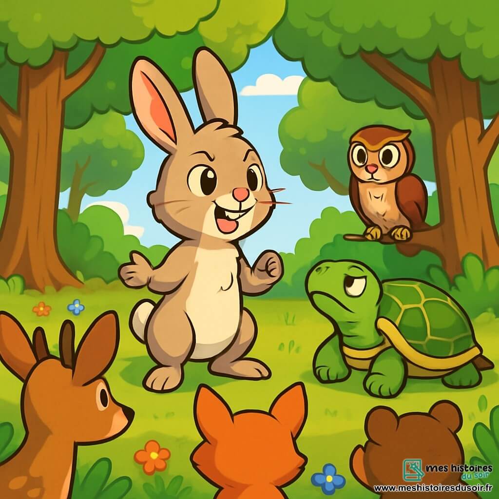 Un jeune lapin aux grandes oreilles se tient sur ses pattes arrière, les yeux brillants d'excitation, prêt à inspirer un groupe d'animaux rassemblés pour protéger leur forêt. À côté de lui, une tortue sage écoute attentivement, tandis qu'un hibou perché observe la scène. La clairière ensoleillée est entourée d'arbres majestueux et de fleurs colorées. Le lapin prend la parole devant ses amis, affichant des expressions d'inquiétude et d'espoir sur leurs visages.