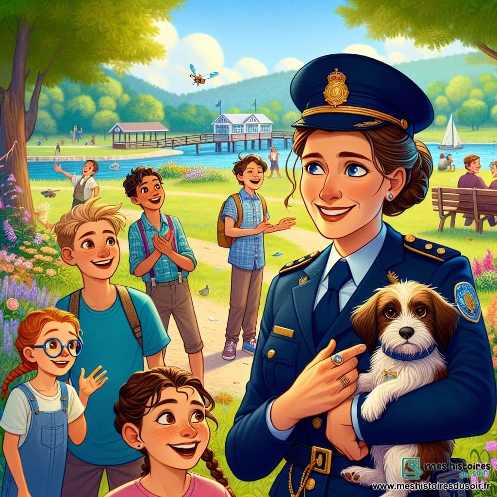 Le personnage principal est la Capitaine Léa Durand, une policière d'une trentaine d'années, avec des cheveux bruns en chignon et un uniforme bleu marine. Elle sourit chaleureusement tout en tenant un petit chien dans ses bras et en regardant les enfants avec bienveillance. À ses côtés, Hugo, un garçon de 10 ans aux cheveux blonds en bataille et lunettes, pointe le chien retrouvé, tandis qu'Emma, une fille de 9 ans avec des tresses et un t-shirt rose, applaudit joyeusement derrière eux. La scène se déroule dans le parc de Clairvallon, un lieu ensoleillé avec des arbres et des fleurs, où des enfants jouent et des familles pique-niquent. Léa, entourée des enfants, célèbre la retrouvaille du petit chien perdu, créant une atmosphère joyeuse et amicale.