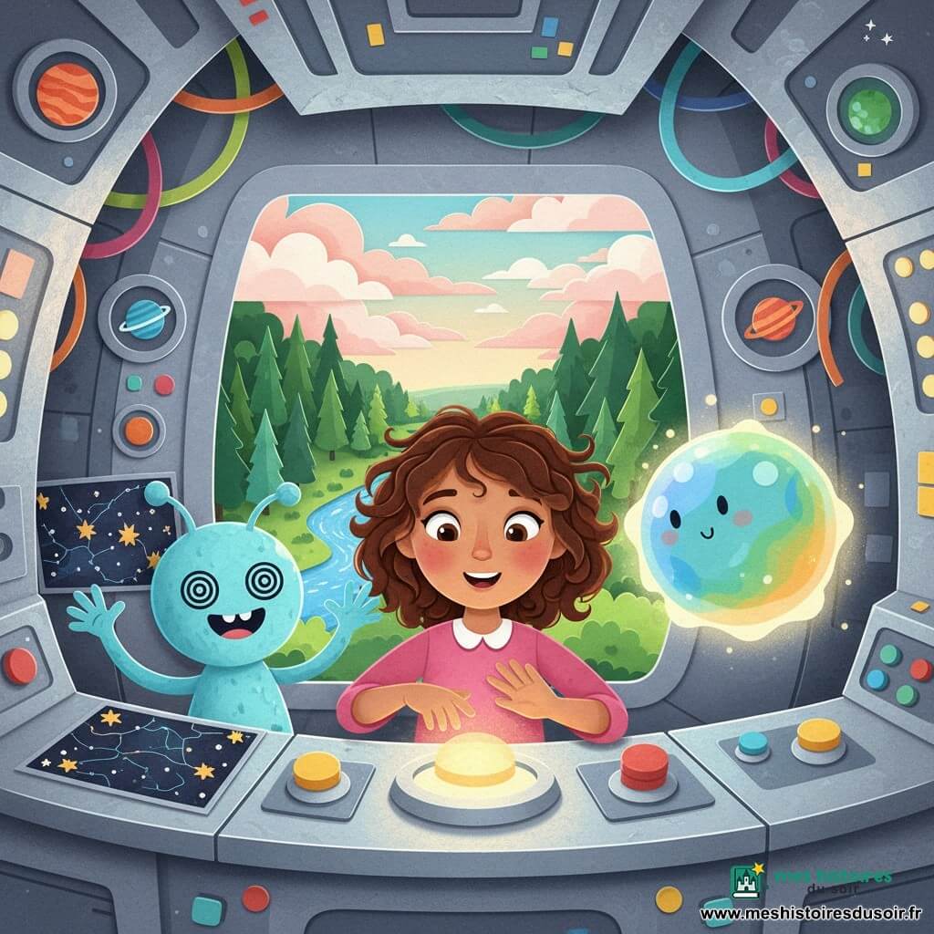 Élodie, une fillette de 10 ans aux cheveux bruns bouclés et aux yeux pétillants, touche émerveillée un gros bouton lumineux sur une console tandis que Zigou, petit extraterrestre bleu aux bras longs et yeux en spirale, lui montre une carte étoilée et Flou, une boule translucide changeant de couleur, flotte en répandant une douce lueur ; l'intérieur argenté du vaisseau, aux panneaux en couches, boutons colorés et écrans montrant des planètes, s'ouvre sur une forêt et une rivière scintillante, créant une première rencontre chaleureuse et curieuse, en style papier découpé aux couleurs vives et textures froissées.