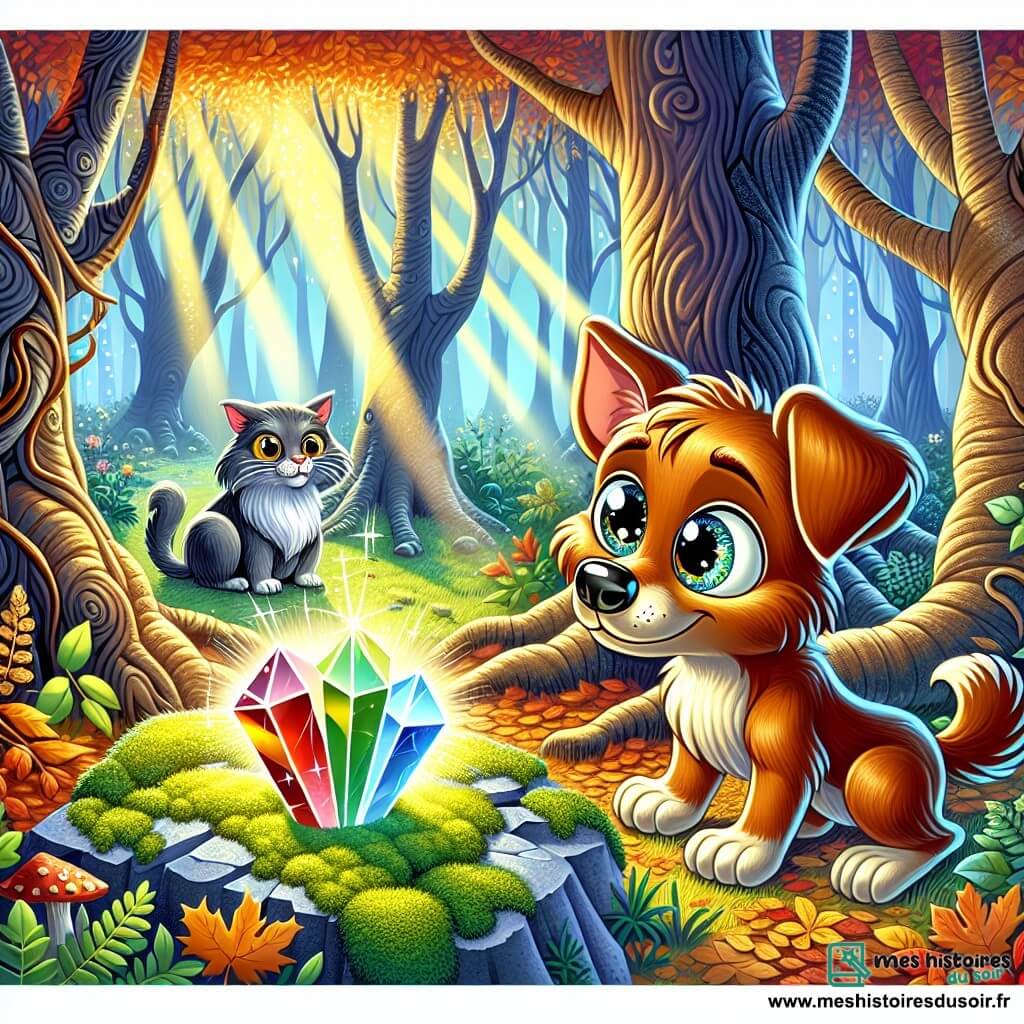 Un chien au pelage d'automne, avec des yeux curieux et une truffe noire, se tient au centre de la clairière, excité. Il fixe le Cristal des Quatre Saisons, brillant comme un arc-en-ciel sur un coussin de mousse. À ses côtés, un vieux chat gris, sage et amusé, l'observe depuis une racine d'arbre. La clairière, entourée d'arbres majestueux aux feuilles scintillantes sous le soleil, est enveloppée d'une brume légère, créant une atmosphère magique. Le chien s'apprête à toucher le Cristal, symbole de la magie de la forêt, tandis que des ombres rampent autour, ajoutant une touche d'aventure.