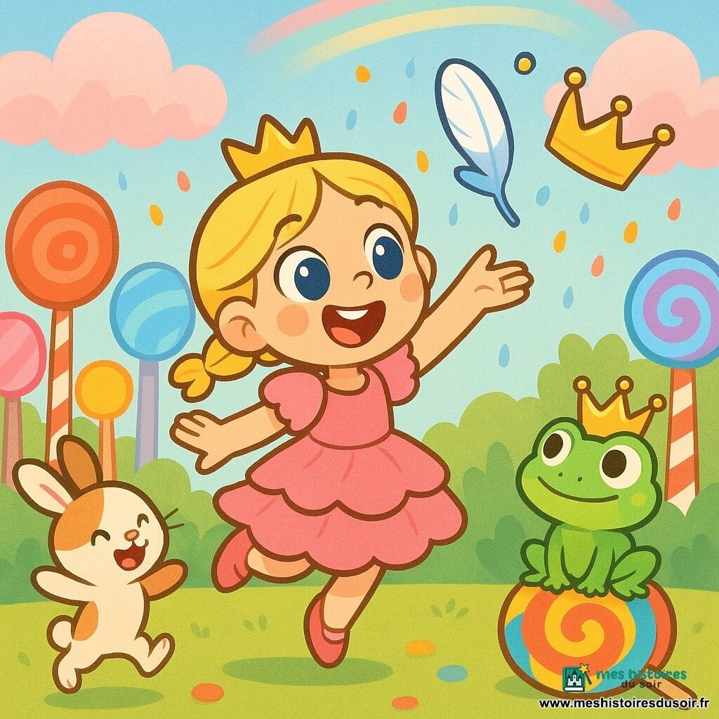 Princesse blonde en tresses, robe rose à volants, joyeuse et sautillante, tend la main vers une plume parlante blanche et bleue tandis qu'elle aide un petit roi grenouille vert à récupérer sa trop grande couronne dorée ; un lapin blanc et marron danse à côté, le tout dans une forêt de sucettes et d'arbres en sucre d'orge, sous des nuages roses et une pluie de bonbons multicolores, ambiance lumineuse, couleurs vives et pastel, formes rondes, style enfantin aux traits épais et contours nets.
