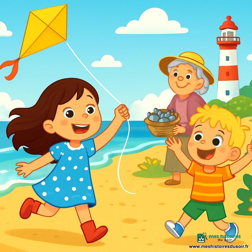Lina, une petite fille de 6 ans avec de longs cheveux bruns et des yeux pétillants, porte une robe bleue à pois blancs et des bottines rouges. Elle court sur la plage, souriante, tenant la ficelle d'un cerf-volant jaune. À ses côtés, Tom, un garçon aux cheveux blonds en bataille et t-shirt rayé, l'encourage en levant les bras. En arrière-plan, une vieille dame souriante aux cheveux gris, portant un chapeau de paille, observe la scène avec un panier de poissons. La plage est ensoleillée, avec du sable doré, des vagues scintillantes, des dunes de sable et un phare blanc et rouge au loin. Lina et Tom s'amusent à faire voler le cerf-volant dans une légère brise, Lina riant de bonheur.