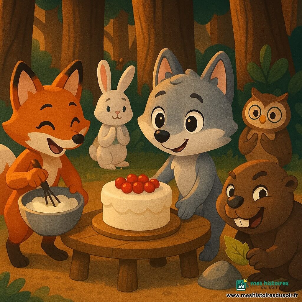 Petit loup anthropomorphe au pelage gris doux et aux yeux noisette, souriant et impatient, pose un gâteau rond à la crème blanche garni de fruits rouges sur une table basse en bois; une cousine renarde rousse fouette la crème dans un grand bol à gauche; un vieux castor brun, accroupi à droite près d'une pierre brillante, tient une invitation en forme de feuille; derrière la table, un lapin blanc timide, une chouette aux grands yeux et un hérisson souriant forment un demi-cercle en applaudissant, chacun portant un petit accessoire festif; la scène a lieu dans une clairière à la tombée du jour avec herbe, champignons et guirlandes de papier entre deux arbres, lumière dorée filtrant à travers les feuilles, ambiance chaleureuse d'anniversaire coopérative, couleurs chaudes et poses dynamiques.