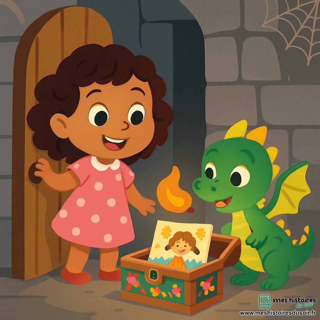 Lila, une petite fille aux cheveux bruns et bouclés, porte une robe rose à pois blancs et sourit avec curiosité en ouvrant une vieille porte en bois. À ses côtés, Plume, un petit dragon vert aux écailles brillantes et aux ailes délicates, l'observe avec émerveillement, sa flamme éclairant le couloir sombre. Ce dernier, étroit et mystérieux, a des murs en pierre grise et des toiles d'araignées. La lumière de la flamme révèle des ombres dansantes. Lila et Plume découvrent une vieille boîte en bois ornée de motifs colorés, remplie de dessins d'enfants d'autrefois, et sont fascinés par cette enquête sur les artistes oubliés.
