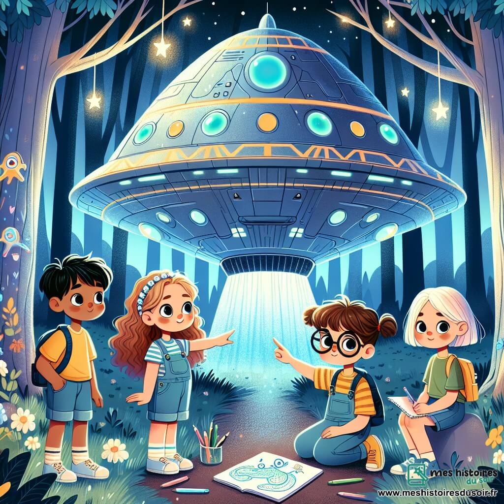 Quatre amies se tiennent devant un vaisseau spatial extraterrestre dans une forêt enchantée. Chloé, 10 ans, cheveux bruns bouclés, t-shirt jaune et short en jean, pointe le vaisseau avec un grand sourire. Léa, 9 ans, lunettes rondes et cheveux blonds tressés, observe le vaisseau avec un carnet de notes. Emma, 10 ans, cheveux roux lisses, est assise par terre, dessinant le vaisseau. Sarah, 9 ans, cheveux châtains courts, se tient debout, les bras croisés, prête à explorer. Le vaisseau, brillant et futuriste, est décoré de symboles colorés et émet une lumière bleutée. La forêt est remplie d'arbres aux feuilles en spirale et de fleurs luminescentes. Les amies, émerveillées, s'apprêtent à entrer dans le vaisseau pour une aventure intergalactique.