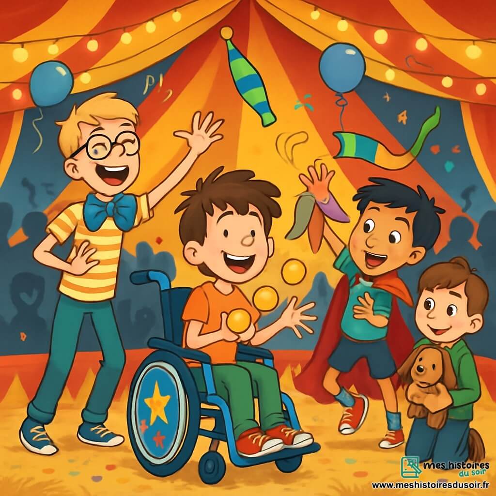 Quatre enfants se trouvent sous un chapiteau de cirque coloré. Max, 10 ans, est dans un fauteuil roulant décoré de stickers, tenant des balles jaunes. Théo, 9 ans, grand et mince, porte un t-shirt à rayures et un nœud papillon, riant aux éclats. Sami, 8 ans, petit et vif, est vêtu d'une cape rouge et fait des gestes de magie. Louis, 10 ans, un peu timide, tient un chien-lapin dans ses bras. Ils réalisent un numéro comique sur scène : Max lance des balles, Théo jongle, Sami feint d'être un magicien, et Louis essaie de les aider en riant. L'ambiance est joyeuse, avec des rires et des couleurs vives.