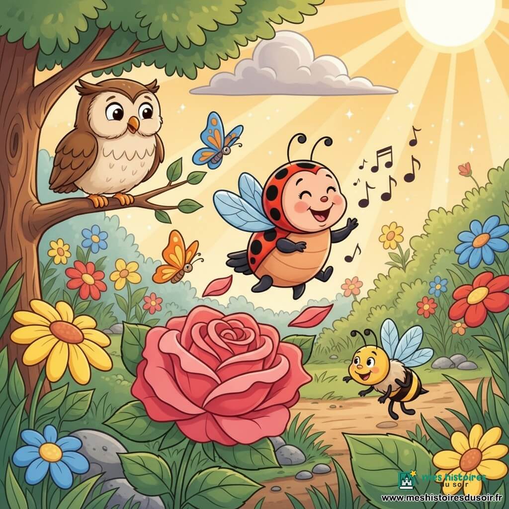 Petite coccinelle rouge à points noirs, ronde et souriante, ailes entrouvertes en train de chanter au-dessus d’une grande rose ; à gauche, un vieux hibou crème et brun aux grands yeux bienveillants perché sur une branche ; deux papillons orange et bleu posés sur des pétales ; une abeille jaune rayée voletant au-dessus d’une feuille en bas à droite ; jardin lumineux et foisonnant de fleurs vives, herbes, petites pierres et chemin sinueux baigné d’une lumière dorée avec un nuage gris qui se dissipe et des rayons de soleil ; ambiance joyeuse et chaleureuse, couleurs saturées, contours nets, formes simples et expressions lisibles, perspective légèrement en plongée pour voir l’ensemble.