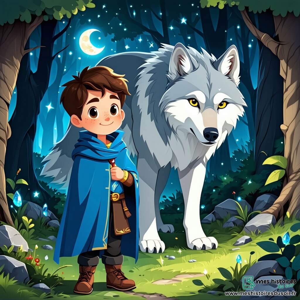 Lucien, un garçon de 12 ans aux cheveux châtains en désordre et aux yeux curieux, se tient au bord d'une clairière enchantée, affichant une expression de détermination. Il porte une cape bleue usée et tient une pierre de lune brillante. À ses côtés, un loup majestueux au pelage argenté, aux yeux jaunes bienveillants, semble partager un secret avec lui. La clairière est entourée d'arbres immenses dont les feuilles filtrent la lumière, créant des ombres sur le sol fleuri. Lucien et le loup se préparent à affronter une caverne sombre, d'où s'échappe une brume noire, tandis que la pierre de lune éclaire leur chemin, symbole d'espoir et de courage.