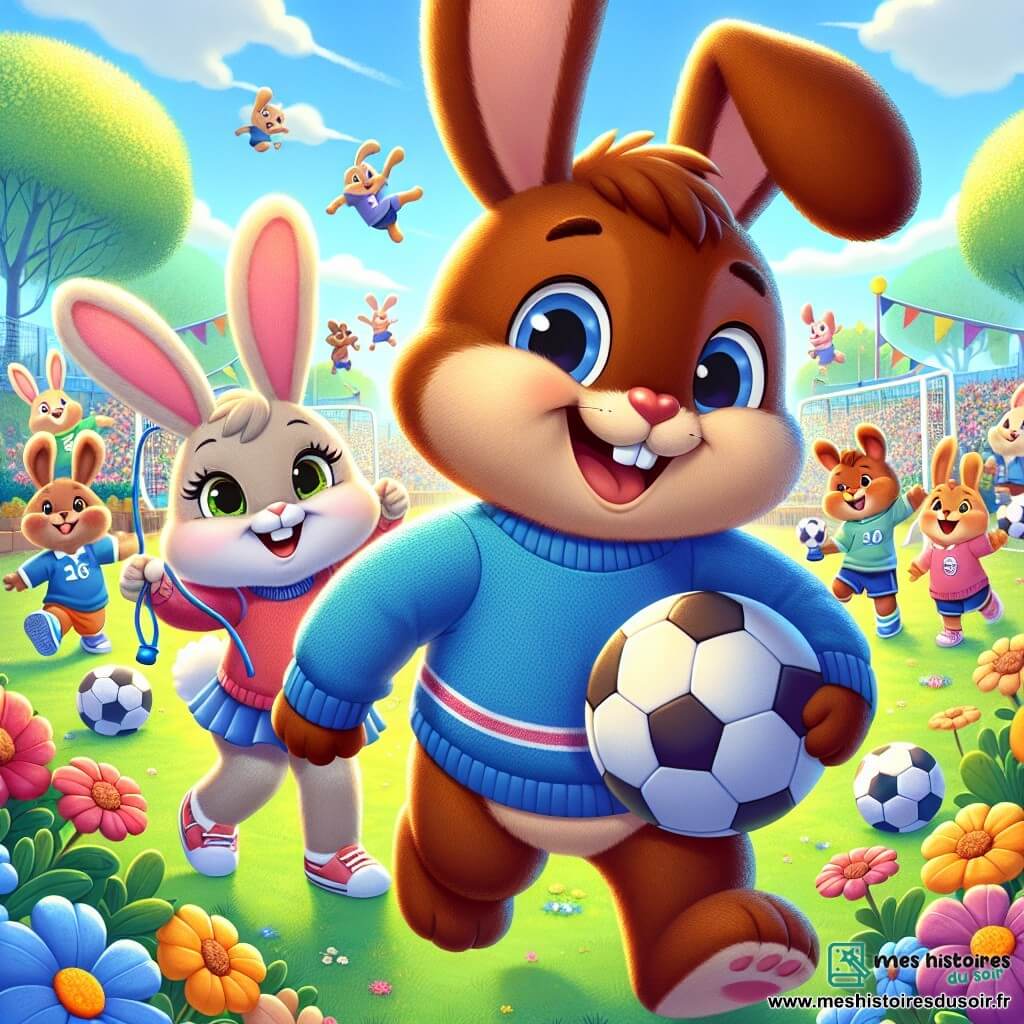 Un jeune lapin nommé Noisette, avec une fourrure marron et de grandes oreilles, sourit en tenant un ballon de foot. Il porte un pull bleu vif et se trouve dans la cour de l'école, entouré de fleurs colorées. À ses côtés, sa meilleure amie Rose, une lapine à la fourrure rose pâle, saute de joie avec une corde à sauter. En arrière-plan, d'autres lapins jouent ensemble, créant une atmosphère de bonheur. La cour est ensoleillée, remplie de jeux colorés et d'arbres. Noisette et Rose montrent que tous les lapins peuvent s'amuser ensemble, dans un esprit d'égalité et de solidarité.