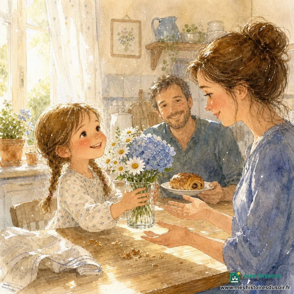 Fille de 6 ans au visage rond, cheveux châtain clair en deux petites nattes, regard joyeux et fier, joues rosées, tenant un petit vase en verre rempli de pâquerettes blanches et d’une tige d’hortensia bleu, debout près d’une table en bois clair; mère (30–35 ans) cheveux bruns en chignon, expression attendrie, mains ouvertes vers la fille, éclairée par la lumière du matin; père (35–40 ans) barbe courte, sourire complice, assis en arrière-plan tenant une assiette avec un pain au chocolat; cuisine simple et chaleureuse avec nappe crème, miettes de pain, bocal-vase, fenêtre avec rideau filtrant un rayon doré et quelques plantes sur le rebord; moment tendre où la fillette offre les fleurs à sa mère, ambiance matinale douce et intime.
