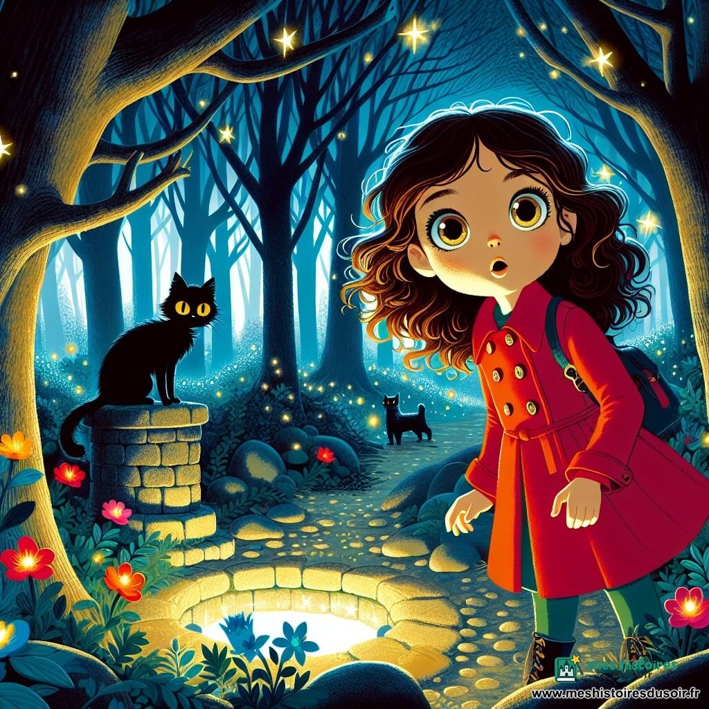 Une fille de 10 ans, Amélie, aux cheveux bruns et bouclés, se tient au bord d'une clairière enchantée. Elle porte un manteau rouge vif et regarde avec émerveillement un vieux puits en pierre, entouré de fleurs lumineuses. À ses côtés, un chat noir aux yeux dorés l'observe, prêt à l'accompagner dans cette aventure. La clairière est baignée par une lumière lunaire douce, avec des arbres créant une atmosphère magique. Amélie, pleine de courage et de curiosité, s'apprête à plonger dans le puits pour découvrir les secrets de la forêt enchantée.