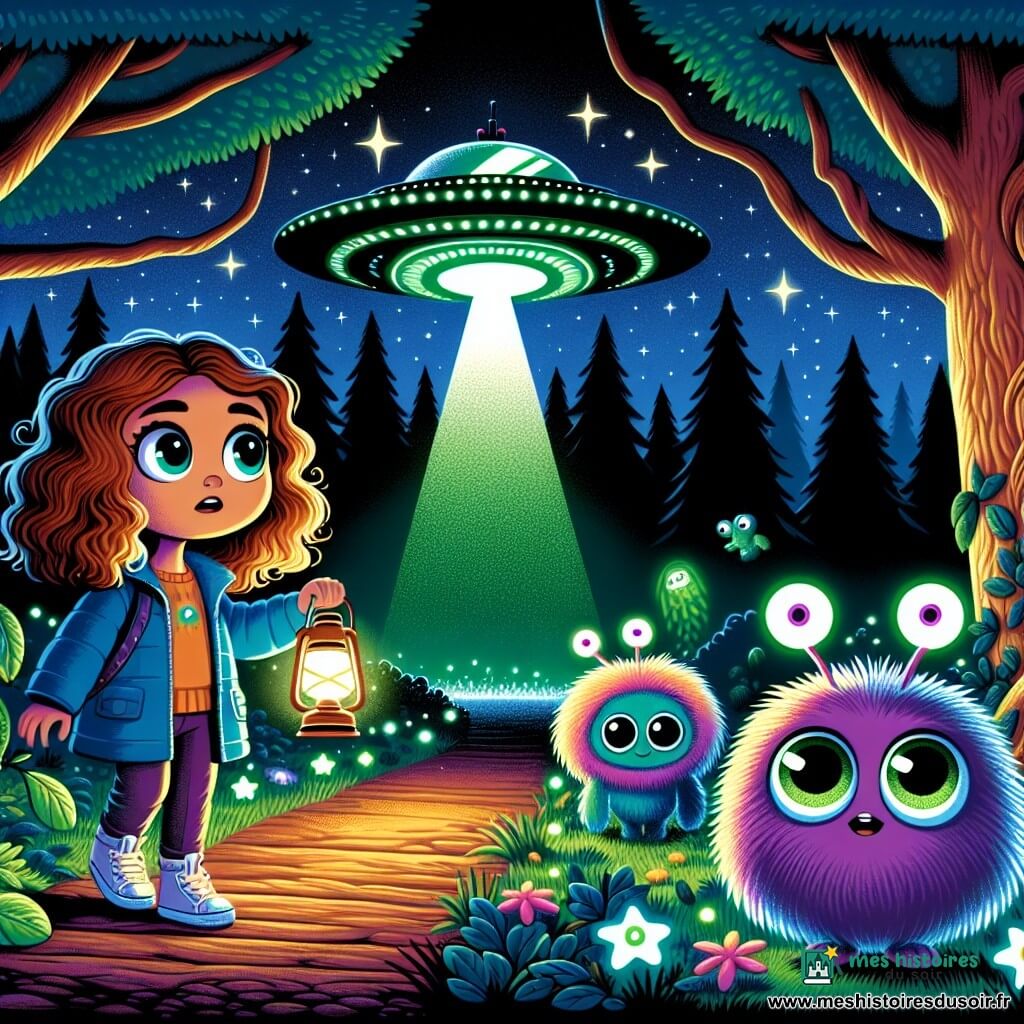 Une fille de 12 ans, Zoé, aux cheveux châtains bouclés et aux yeux curieux, se tient devant un vaisseau spatial brillant, souriante. Elle porte un manteau bleu et tient une lampe torche. À ses côtés, une créature violette à trois bras sourit, tandis qu'une autre créature poilue avec des antennes lumineuses danse autour d'elle. Le décor est une forêt nocturne avec de grands chênes, des feuilles scintillantes sous la lune et des étoiles brillantes. La lumière verte du vaisseau éclaire le sol couvert de feuilles et de fleurs phosphorescentes. Zoé, fascinée et un peu nerveuse, s'approche du vaisseau, prête pour une aventure extraordinaire avec ses nouveaux amis extraterrestres.