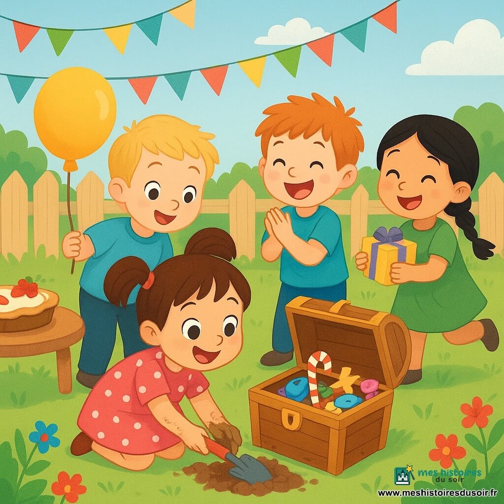 Mimi, 4 ans, cheveux bruns en couettes, robe rose, accroupie et creusant près d’un coffre entrouvert ; Lesly, 4 ans, blond, tient un ballon jaune à gauche ; Timmy, 4 ans, roux, t-shirt bleu, applaudit derrière elle ; Lulu, 4 ans, cheveux noirs en tresse, robe verte, court vers le groupe avec un petit paquet à droite du coffre ; jardin lumineux avec pelouse, fleurs rouges et bleues, table avec tarte aux fraises, guirlandes et clôture claire sous un ciel bleu ; coffre à moitié sorti rempli de bonbons et jouets, expressions de joie et surprise, couleurs vives et composition centrée pour un livre jeunesse.