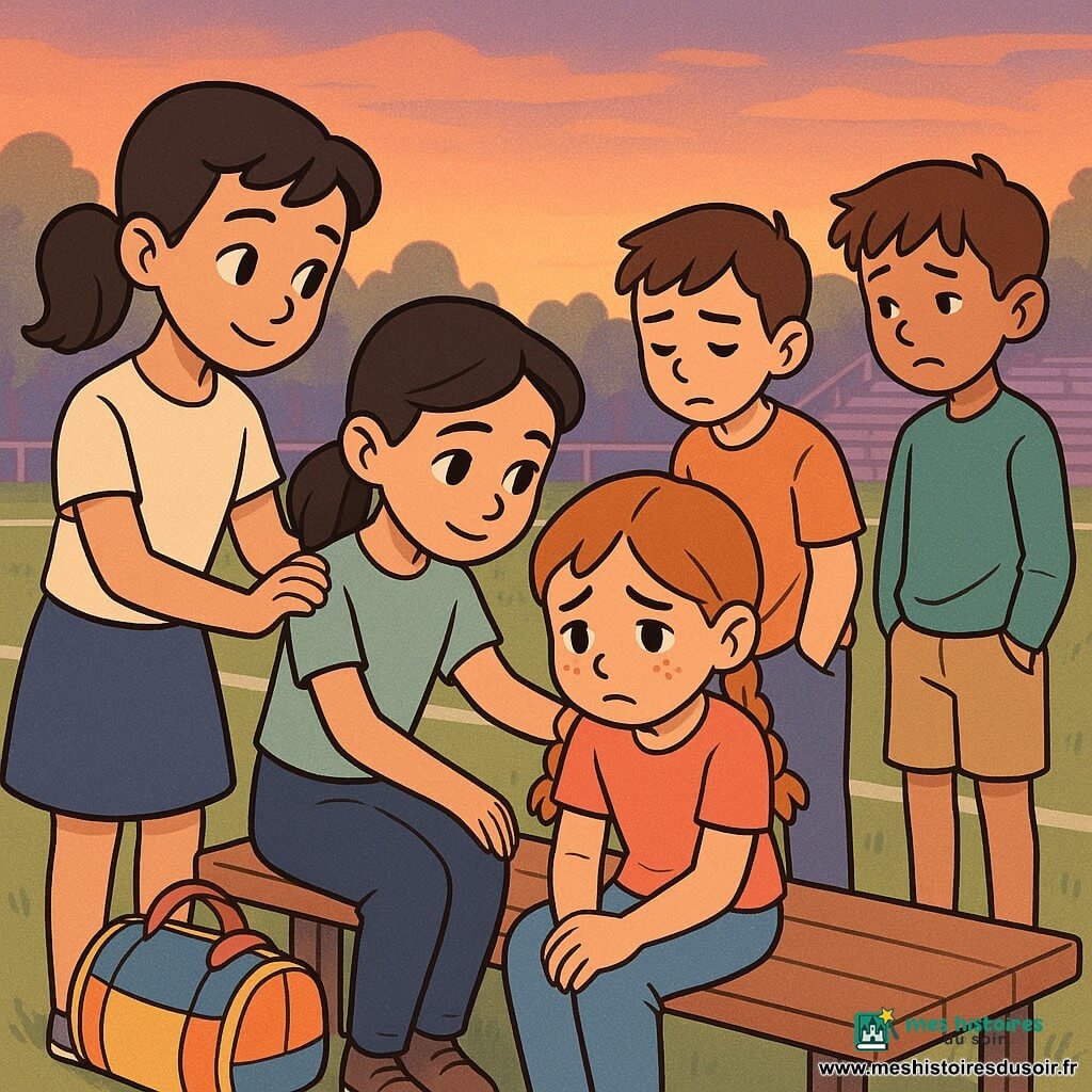 Léa, 8 ans, visage rond avec taches de rousseur et deux nattes châtain clair, assise sur un banc en bois, regarde tristement le sol, les mains serrées sur les genoux ; Alexis, ~9 ans, cheveux bruns courts, debout à droite avec deux copains qui chuchotent et rient, évite son regard ; Emma, 8 ans, cheveux noirs en queue de cheval, sourit doucement et pose la main sur l’épaule de Léa pour la réconforter ; Hugo, 8 ans, grand et mince, sourcils soucieux, se tient prêt à défendre son amie ; scène sur un terrain de sport au crépuscule avec gazon, lignes blanches, sac de sport près du banc et arbres en arrière-plan ; ambiance douce mais chargée, lumière chaude du soir, palette pastel, composition centrée sur l’émotion de Léa.