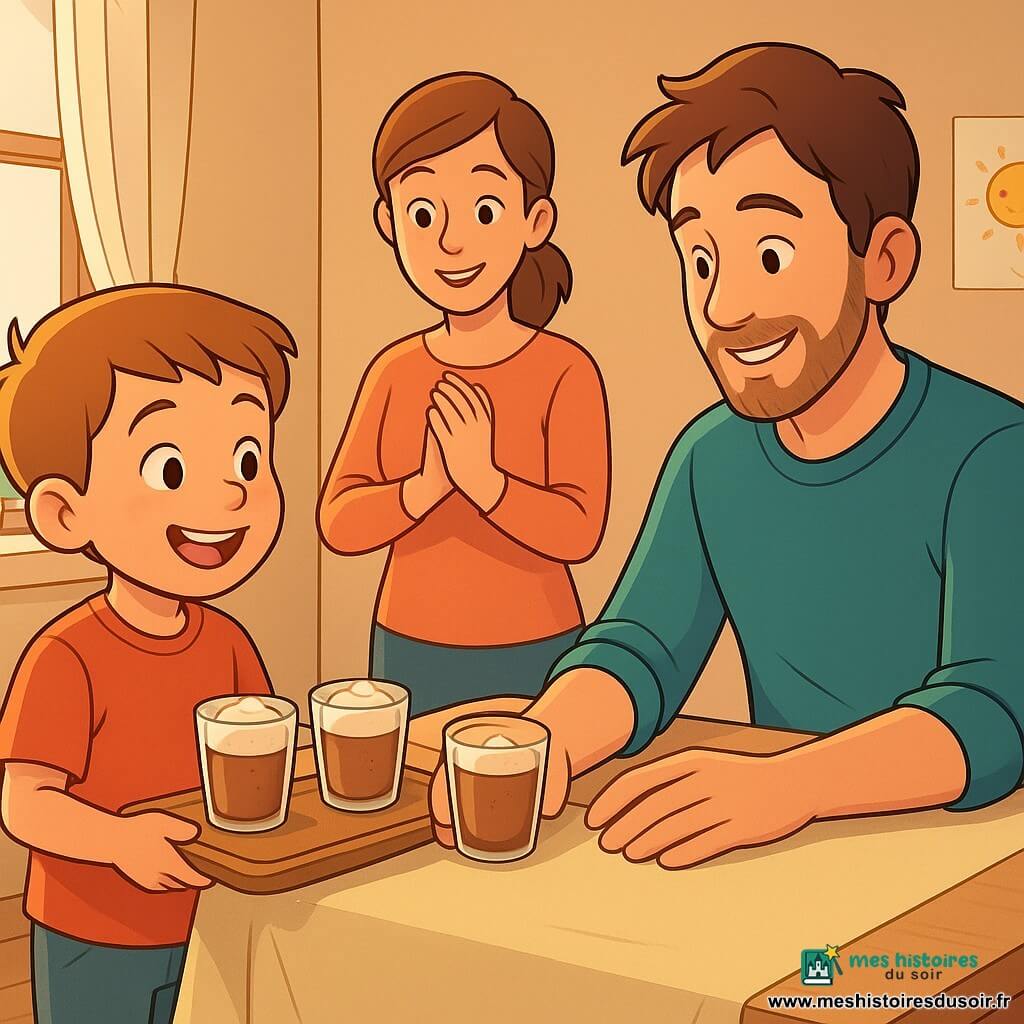 Un garçon de 6 ans, cheveux châtain clair courts, joues rosées et yeux rieurs, tient un petit plateau en bois avec trois verres de mousse au chocolat près d’une grande table. Le père, ~36 ans, barbe de quelques jours et cheveux bruns en bataille, assis en face, sourit et tend la main vers un verre. La mère, ~34 ans, cheveux mi-longs attachés, se tient en retrait près d’un buffet, applaudit doucement la main sur le cœur. La scène se passe dans une cuisine-salle à manger lumineuse avec plancher en bois clair, grande table nappée, rideaux blancs laissant entrer un soleil doré, plantes sur le rebord et dessins d’enfant au mur ; ambiance familiale, chaleureuse et tendre, couleurs chaudes.