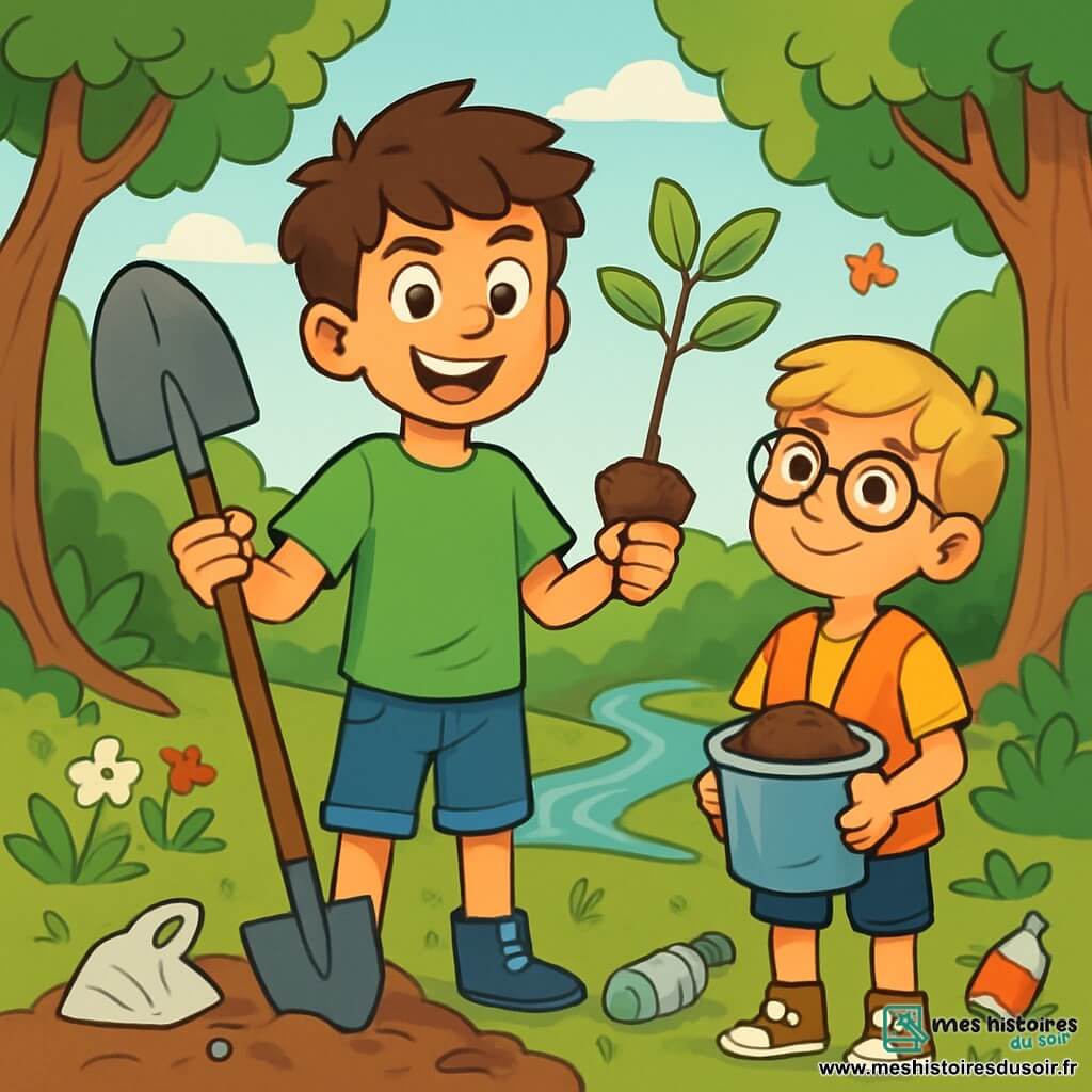 Lucas, un garçon de 12 ans aux cheveux châtains en bataille et aux yeux déterminés, sourit au centre de la scène. Il porte un t-shirt vert vif et un short en denim, tenant une pelle d'une main et un petit arbre de l'autre, prêt à le planter. À ses côtés, son meilleur ami Sam, également âgé de 12 ans, avec des lunettes rondes et des cheveux blonds, admire Lucas tout en portant un gilet orange fluo et en tenant un seau de terre. Ils se trouvent dans une forêt verdoyante, entourés d'arbres majestueux, de ruisseaux scintillants et de fleurs colorées. Lucas et Sam plantent des arbres pour restaurer la forêt, tout en ramassant des déchets, montrant ainsi leur engagement pour l'environnement. L'atmosphère est joyeuse et pleine d'espoir, avec des oiseaux chantant et un ciel bleu clair.