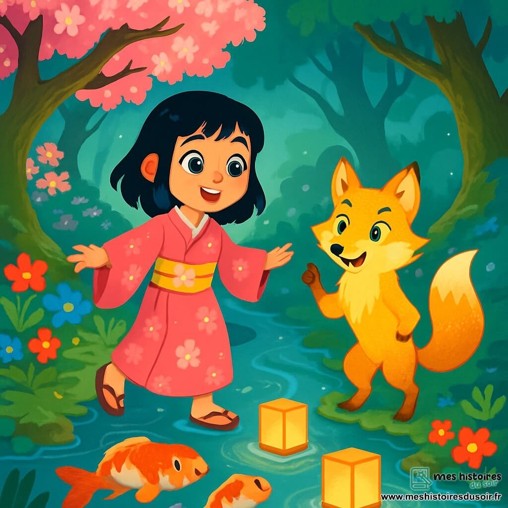 Akiko, une jeune femme aux cheveux noirs et aux yeux curieux, porte un kimono rose orné de fleurs de cerisier. Elle se tient au bord d'une rivière argentée, émerveillée par des lanternes flottantes. À ses côtés, un esprit renard, âgé d'une centaine d'années, avec un pelage doré et des yeux malicieux, se dresse sur ses pattes arrière, comme s'il posait une énigme. Ils se trouvent dans une forêt magique, avec des arbres tordus, des fleurs multicolores et une légère brume. Akiko, enthousiaste, traverse un pont invisible, guidée par le renard, tandis que des carpes koï nagent dans un bassin à proximité, ajoutant de la couleur à cette scène enchantée.