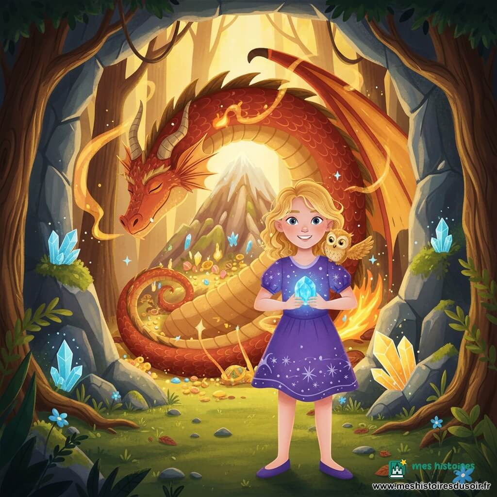 Une jeune sorcière d’environ 8 ans, souriante et courageuse, cheveux bouclés blonds, robe courte violette à petits motifs d’étoiles, tient fièrement une pierre brillante bleue ; un petit hibou doré aux yeux malicieux bat doucement des ailes sur son épaule droite tandis qu’un grand dragon aux écailles rouges et dorées dort enroulé autour d’un trésor à l’entrée d’une grotte de la forêt de Nox, entourée d’arbres très hauts au feuillage sombre, de cristaux lumineux, de mousse verte et de fleurs phosphorescentes ; l’atmosphère est magique et rassurante, lumières chaudes et reflets bleus autour de la Pierre des Rêves qu’elle vient de récupérer.