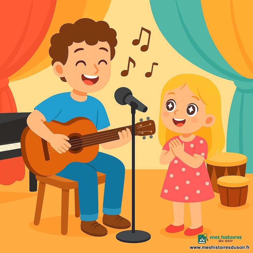 Un jeune homme nommé Léo, souriant, est assis sur une chaise en bois, jouant de sa guitare marron. Il a les cheveux bruns et bouclés, porte un t-shirt bleu et un jean. À côté de lui, une petite fille de six ans, aux cheveux blonds, l'écoute avec émerveillement, vêtue d'une robe rose à pois blancs. La scène se déroule dans une salle de musique chaleureuse, avec des murs colorés et des instruments autour. Léo chante une belle chanson, partageant sa passion avec la petite fille qui applaudit, remplissant la pièce de joie.