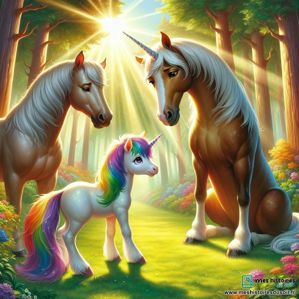 Une licorne majestueuse avec une crinière aux couleurs de l'arc-en-ciel se tient au centre de la clairière, souriante et pleine d'espoir, en train de parler avec ses parents. À sa droite, un grand cheval aux poils brillants écoute attentivement, affichant une expression de fierté. À sa gauche, une jument à la crinière argentée se penche légèrement en avant, prête à partager ses pensées. La scène se déroule dans une clairière ensoleillée, entourée d'arbres majestueux et de fleurs colorées. La licorne et ses parents, assis sur l'herbe verte, sont engagés dans une conversation joyeuse, illustrant l'importance de la communication et de l'amour familial.