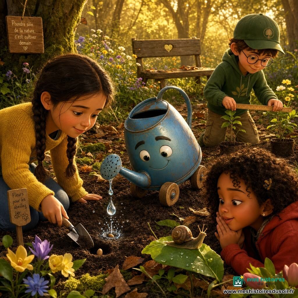 Un arrosoir anthropomorphe en métal bleu vieilli sur petites roues, incliné pour laisser tomber une goutte brillante de son bec ; expression douce et attentive. À gauche, Mia, fillette aux tresses et pull jaune, agenouillée, creuse la terre avec une pelle ; derrière elle à droite, Tom, garçon à lunettes et casquette verte, mesure l'écartement entre plants avec une règle ; au premier plan, Léa, aux cheveux courts bouclés et veste rouge, observe émerveillée un escargot sur une feuille. Scène de plantation calme à la lisière d'une forêt, sol de feuilles et mousse, rayons de soleil, fleurs sauvages et un vieux banc en arrière-plan, palette chaude et textures marquées.