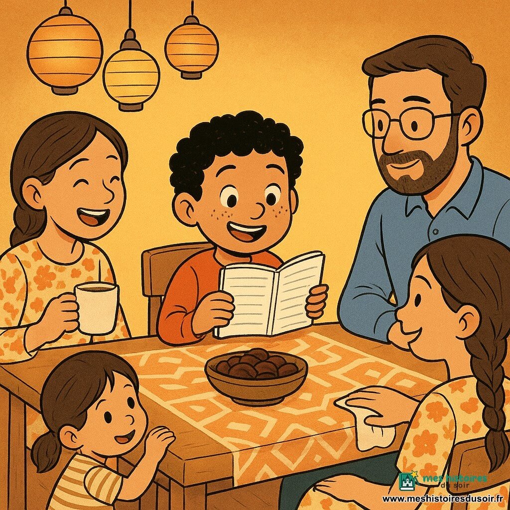Un garçon de 6 ans, visage rond et cheveux bouclés, lit avec joie un petit carnet rayé que la famille regarde en souriant ; la mère (environ 35 ans) au chignon et tablier crème essuie la table à sa droite, le père (environ 38 ans) à barbe courte et lunettes l’observe avec tendresse en face, la grande sœur (11 ans) aux tresses et robe fleurie rit en tenant une tasse à gauche, la petite sœur (3 ans) joue à cache-cache sous la table près des pieds du garçon ; la scène intime se déroule le soir du Ramadan autour d'une table basse claire avec nappe géométrique, lanternes suspendues et lumière chaude, la composition centrée sur le carnet et les visages.