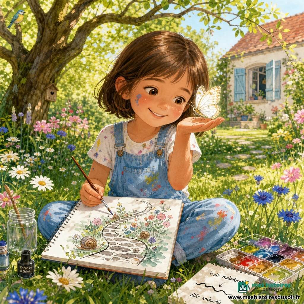 Léa, environ 8 ans, cheveux châtains courts, porte une salopette bleu clair tachée de peinture ; assise dans un jardin de printemps ensoleillé, elle tient un carnet de dessin et un pinceau, une goutte de peinture sur la joue. Un papillon blanc aux ailes translucides et reflets dorés se pose sur sa paume droite, près de son visage. Autour d'elle herbe verte parsemée de marguerites, bleuets et fleurs roses, un grand arbre aux branches courbes et une maison lointaine aux volets ouverts. Sur sa page, un trait noir maladroit devient une allée de cailloux décorée d'escargots et de fleurs ; aquarelles humides, pinceaux et carnet sont épinglés sur l'herbe. Style : couleurs vives et pastel, textures aquarelle et crayon, contours doux, doodles naïfs (étoiles, feuilles, cœurs), ambiance tendre et optimiste.