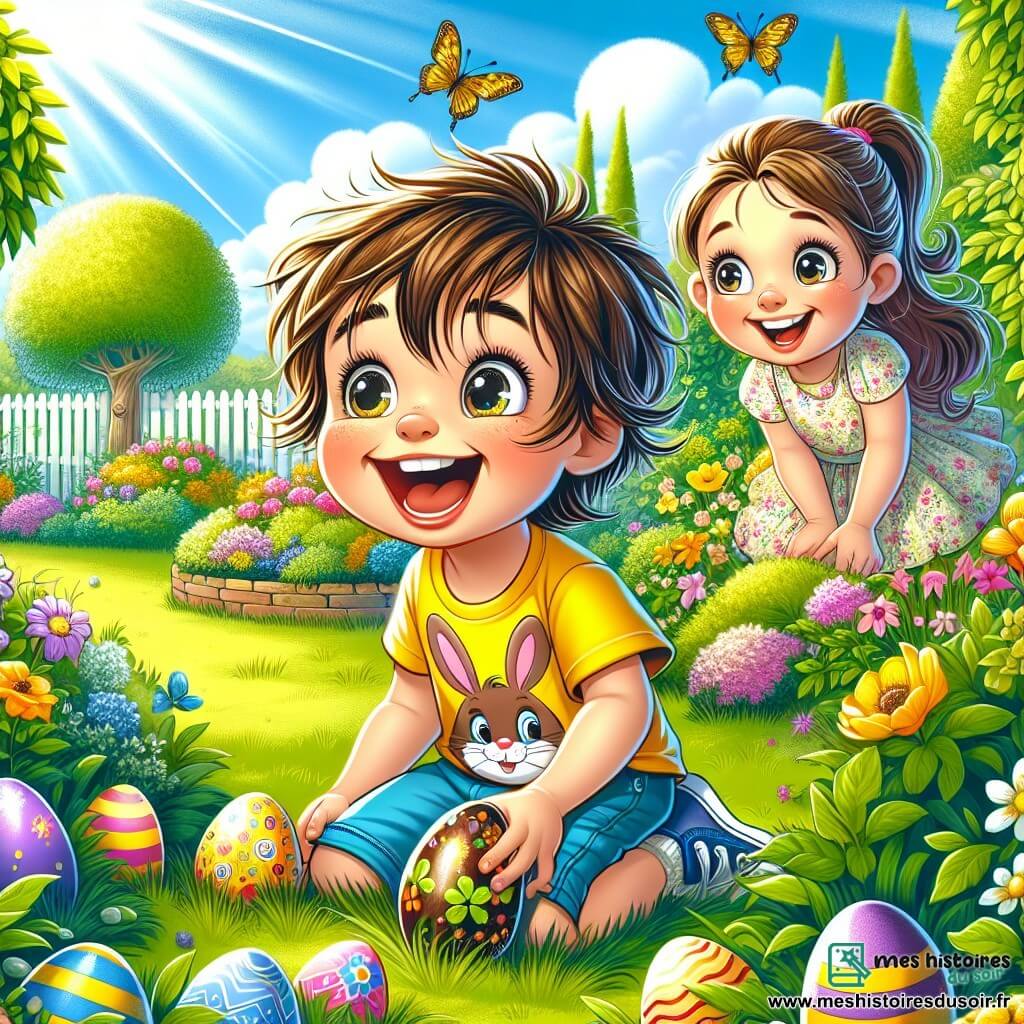 Léo, un petit garçon de 4 ans aux cheveux bruns en bataille et aux yeux pétillants, est accroupi dans un jardin verdoyant, souriant. Il porte un t-shirt jaune avec un motif de lapin et un short bleu, tenant un œuf en chocolat brillant. Sa maman, une femme d'environ 30 ans avec de longs cheveux châtains en queue de cheval et une robe à fleurs, l'observe avec fierté près d'un grand arbre. Le jardin est rempli de fleurs colorées, de papillons et d'une pelouse bien entretenue, sous un ciel bleu. Léo cherche des œufs en chocolat dans l'esprit de Pâques, entouré d'œufs colorés cachés parmi les fleurs et l'herbe.