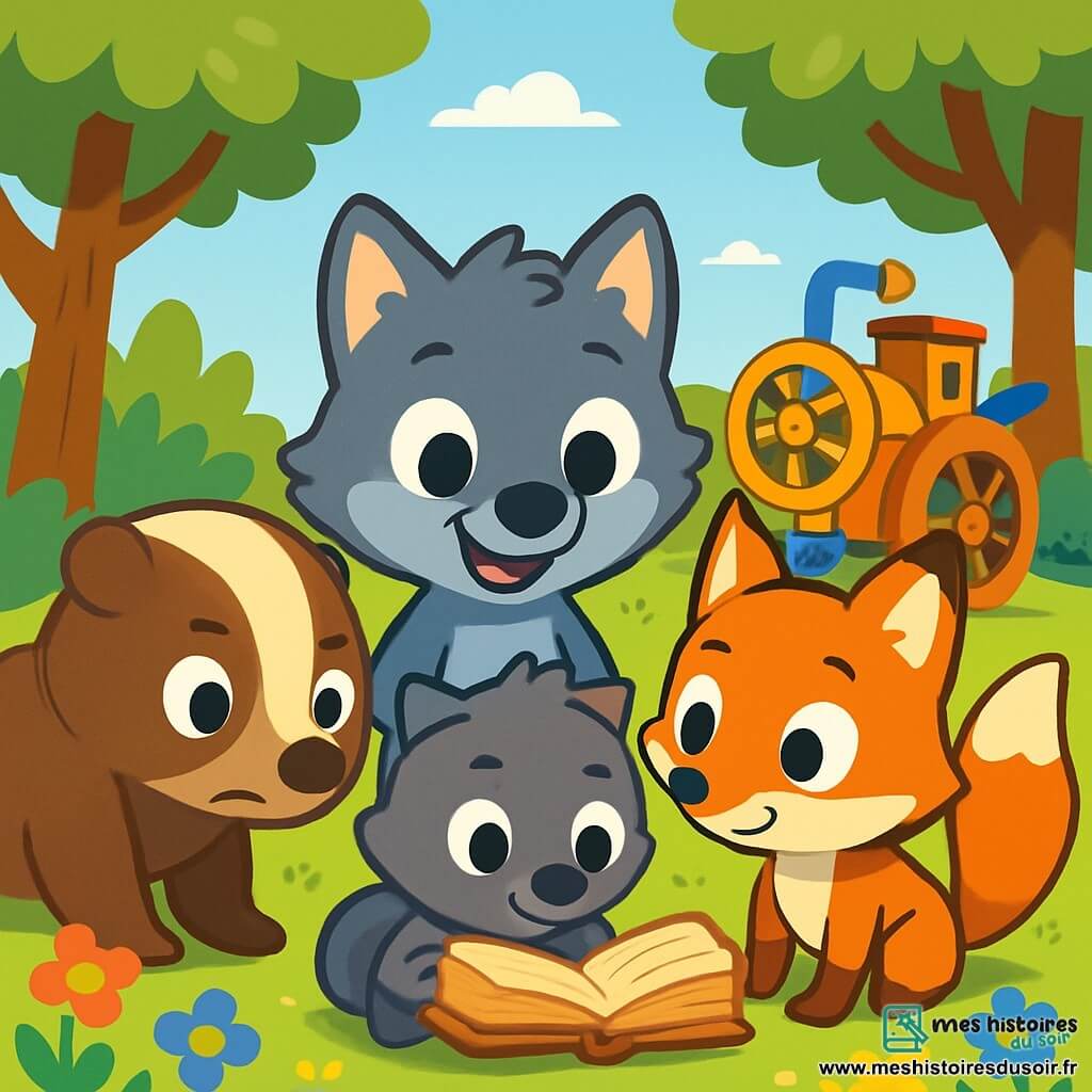 Léo, un petit loup aux yeux pétillants et au pelage gris, se tient au centre, souriant avec excitation tout en tenant un vieux livre aux pages jaunies. À ses côtés, Sophie, une renarde au pelage orange vif, l'observe avec émerveillement. Baptiste, un blaireau au pelage brun, se penche sur le livre avec concentration. La scène se déroule dans une clairière ensoleillée, entourée d'arbres majestueux et de fleurs colorées. Au fond, une machine à explorer en bois attend d'être utilisée. Les trois amis préparent leur machine pour une aventure dans la Forêt Interdite, remplis d'excitation et de curiosité.