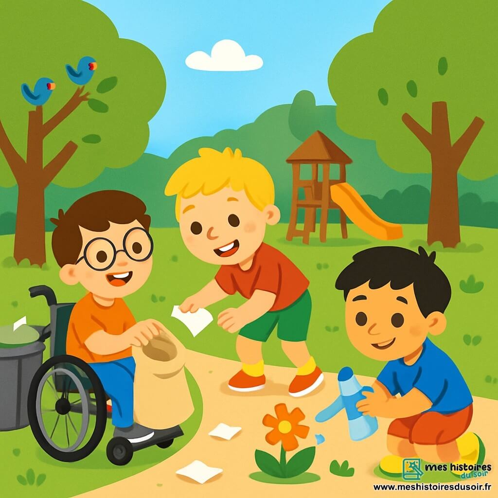 Il y a trois personnages : Tom, un garçon de 8 ans en fauteuil roulant, souriant avec un petit sac pour ramasser des papiers ; Jules, un garçon de 7 ans avec des cheveux blonds et des taches de rousseur, qui ramasse un papier par terre avec un grand sourire ; et Max, un garçon de 6 ans aux cheveux noirs, accroupi avec une bouteille d'eau, prêt à arroser une fleur. L'action se déroule dans un parc verdoyant avec des arbres majestueux, des fleurs colorées et une aire de jeux en bois. Les trois amis nettoient le parc : Tom ramasse des papiers, Jules les met dans un sac et Max arrose une fleur assoiffée, apportant vie et couleur à leur environnement.