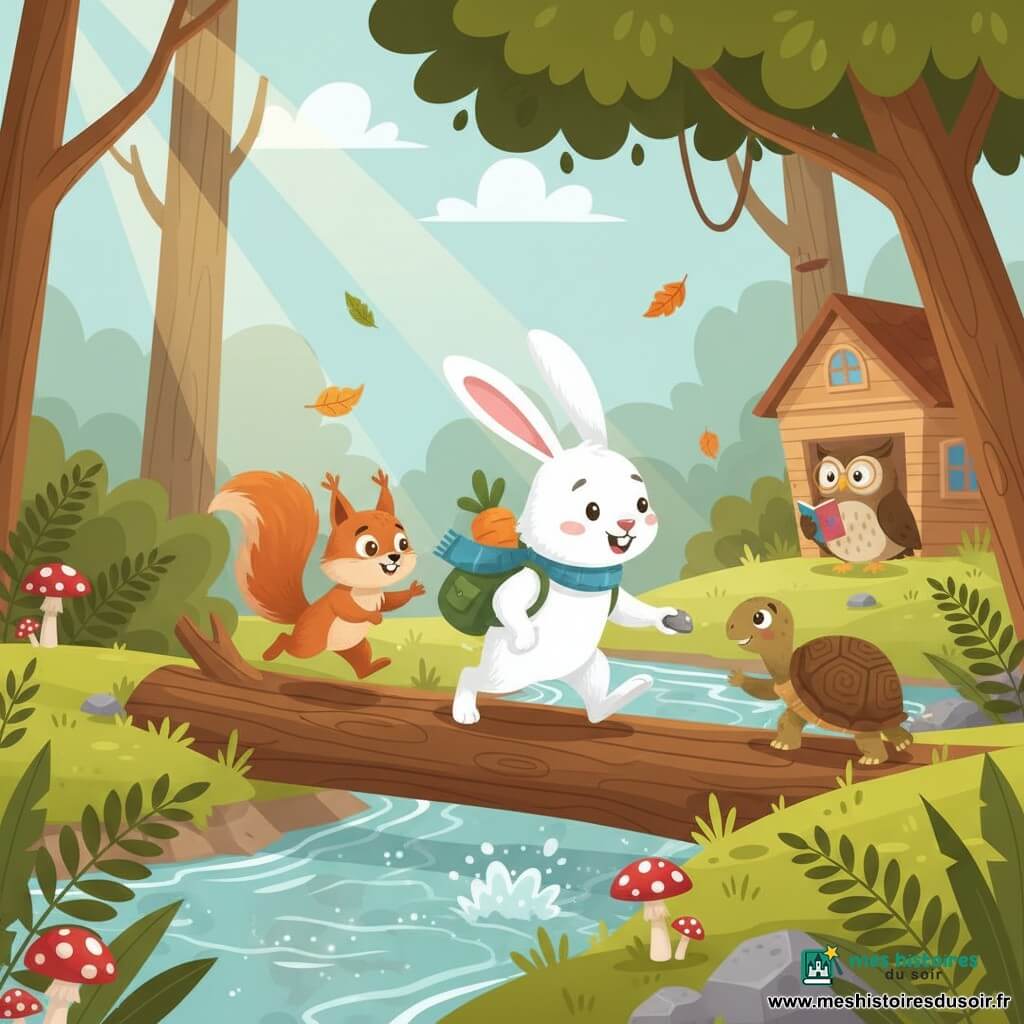 Un petit lapin blanc aux longues oreilles droites, nez rose et pelage doux, regard déterminé et joyeux, porte une écharpe bleue et un sac à dos vert d'où dépassent une carotte et une loupe, avançant prudemment sur un tronc servant de pont; derrière lui, un écureuil roux au poil duveteux, d'expression curieuse et encourageante, saute sur le tronc; sur la berge, une tortue marron à la carapace rugueuse tend une petite pierre lisse en forme de cœur; en arrière-plan, une chouette bibliothécaire aux lunettes rondes sourit devant une maisonnette sous un chêne en tenant un carnet; décor : rivière claire entourée d'herbe verte, fougères, champignons rouges à pois blancs et pierres moussues, rayons de soleil filtrant et feuilles tourbillonnantes; scène : traversée du tronc-pont au-dessus d'une eau vive, vent soulevant les feuilles, atmosphère d'aventure douce et solidaire.