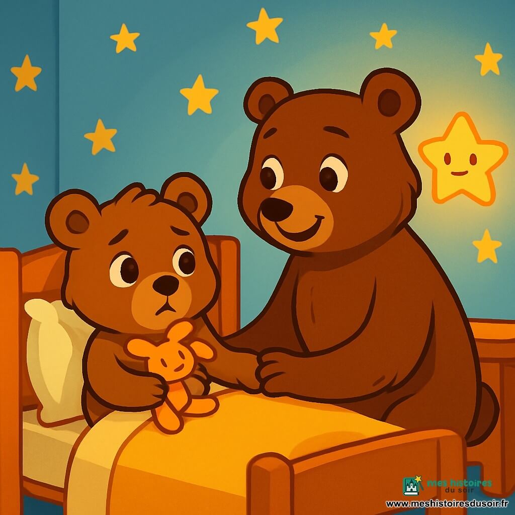 Petit Ours, un ourson en peluche doux, est assis sur son lit, avec un regard inquiet, serrant son doudou. Maman Ours, une grande ourse au pelage brun, est à ses côtés, lui tenant la patte avec tendresse. La chambre, petite et accueillante, a des murs bleu pastel, des étoiles dorées au plafond, et une veilleuse en forme d'étoile qui projette des ombres douces. Petit Ours ressent une légère peur du noir, tandis que Maman Ours lui parle doucement pour le rassurer, créant une atmosphère réconfortante.