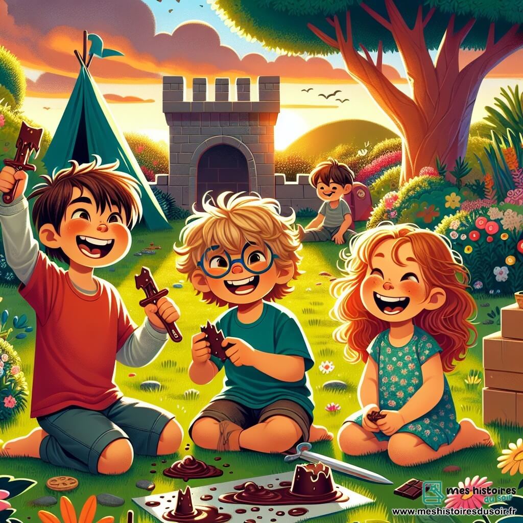 Trois amis, deux garçons de 8 ans et une fille de 7 ans, sont dans un jardin ensoleillé. Lucas, aux cheveux bruns et en t-shirt rouge, est accroupi avec une épée en plastique couverte de chocolat. Tom, blond avec des lunettes et en t-shirt bleu, rit en levant les bras comme un héros. Max, une fille aux cheveux châtains et bouclés, en robe à fleurs, est assise sur l'herbe avec un cookie. Le jardin est coloré, avec un grand arbre et une forteresse en bois faite de coussins. Au loin, le ciel s'illumine de nuances oranges et violettes. Ils sont en pleine bataille imaginaire, riant et jouant ensemble, dans une ambiance joyeuse.