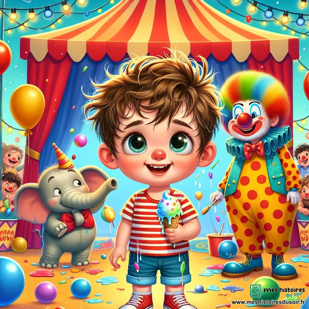 Un petit garçon de 2 ans, Max, avec des cheveux bruns en désordre et de grands yeux pétillants, se tient au centre de l'image, souriant. Il porte un t-shirt rouge à rayures et un short bleu, tenant une glace fondante. À côté de lui, Coco le clown, un homme d'environ 30 ans avec un gros nez rouge et des cheveux colorés, jongle avec des balles multicolores, vêtu d'un costume à pois et de grandes chaussures. En arrière-plan, un chapiteau de cirque rouge et jaune s'élève sous un ciel bleu, avec des ballons flottants et des lumières scintillantes. Max rit en regardant Coco, tandis qu'un éléphant éclabousse de l'eau avec sa trompe, ajoutant à l'atmosphère festive.