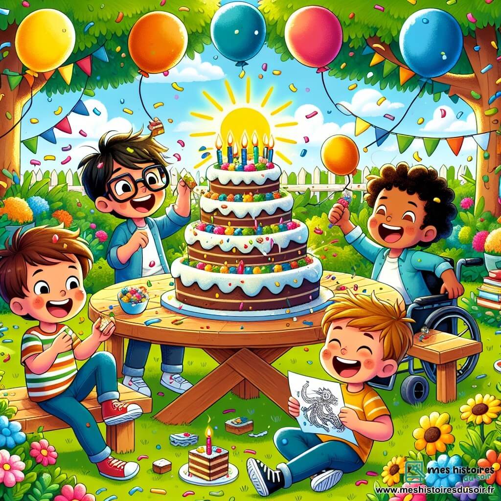 Dans un jardin ensoleillé, quatre amis sont réunis autour d'une grande table en bois. Lucas, 8 ans, sourit avec un morceau de gâteau, Max, 9 ans, rit en lançant un morceau de gâteau à Tom, qui est en fauteuil roulant et sourit entouré de ballons. Hugo, 7 ans, dessine un dragon. Le jardin est coloré avec des fleurs et des confettis, et un énorme gâteau est prêt à être dégusté. Les amis s'amusent dans une bataille de gâteaux, créant une ambiance joyeuse.
