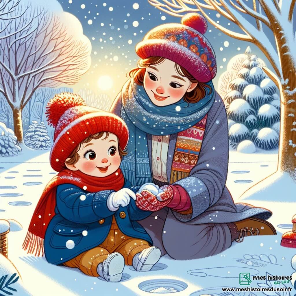 Une petite fille de 1 an, portant un bonnet rouge et un manteau bleu, est assise dans la neige, les yeux brillants et souriante. Elle ramasse de la neige, fascinée par sa texture. À côté d'elle, sa maman d'environ 30 ans, avec des cheveux bruns en chignon et une écharpe colorée, l'observe tendrement et lui montre les branches enneigées. Elles partagent un moment magique dans un parc hivernal, où les arbres sont couverts de neige scintillante. Le sol est blanc, avec des traces de pas, créant une atmosphère féerique. La scène montre la petite fille et sa maman s'amusant ensemble dans la neige sous le doux soleil d'hiver.