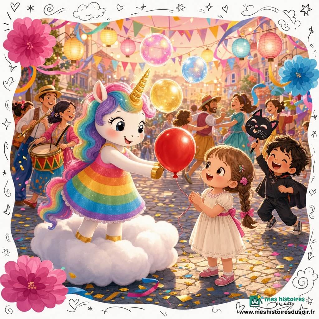 Une petite licorne anthropomorphe nommée Lili, souriante, robe arc‑en‑ciel et corne dorée, perchée sur un nuage et soufflant des bulles lumineuses roses, jaunes et bleues ; une fillette aux cheveux tressés, émerveillée, reçoit un ballon rouge que Lili lui tend (premier plan à droite) ; un enfant masqué en chat rit derrière elle ; en arrière‑plan, adultes et enfants dansent en rond avec tambour et flûte ; le tout sur une place de carnaval pavée décorée de fanions, confettis dorés, grandes fleurs en papier, rubans et lanternes au coucher du soleil, ambiance joyeuse, chaleureuse et colorée, style enfantin aux formes rondes.