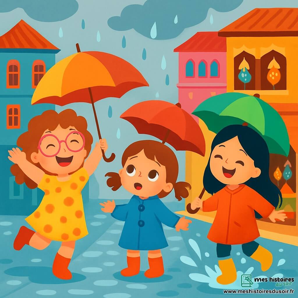 Il y a trois personnages : Zoé, une fille de 7 ans avec des cheveux bouclés et des lunettes roses, portant une robe jaune à pois et sautant de joie sous la pluie ; Lila, une fille de 6 ans avec des cheveux lisses et bruns en couettes, portant un manteau bleu et regardant émerveillée les gouttes d'eau ; et Maya, une fille de 7 ans avec des cheveux longs et noirs, tenant un parapluie vert et faisant des éclaboussures en sautant dans une flaque. Les trois amies sont sous un ciel gris, entourées de maisons colorées typiques d'Istanbul. Elles rient et jouent sous la pluie avec des parapluies colorés, découvrant la magie de la ville.