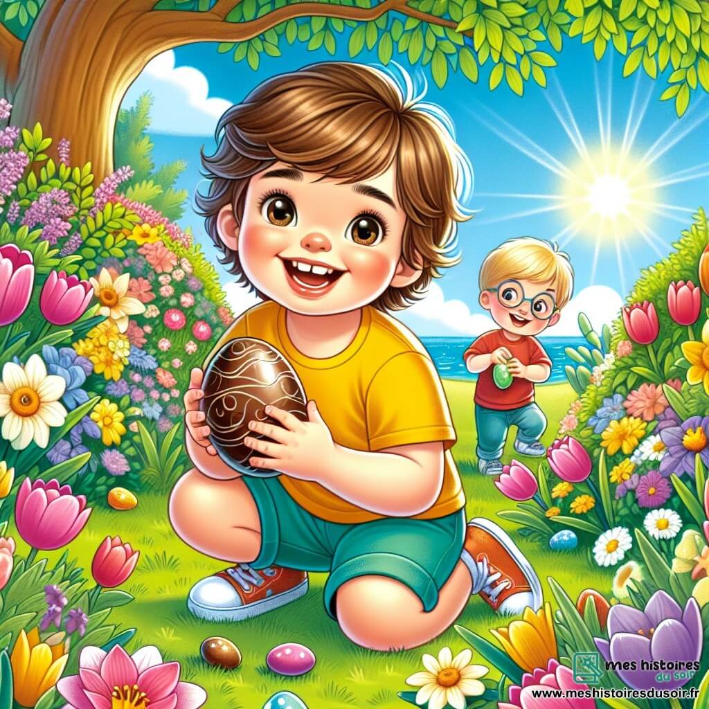 Léo, un petit garçon de 2 ans aux cheveux bruns en bataille et au grand sourire, est accroupi dans un jardin coloré à la recherche d'œufs en chocolat. Il porte un t-shirt jaune vif et un short bleu, ses yeux brillent d'excitation. À côté de lui, Max, un garçon de 3 ans avec des cheveux blonds et des lunettes rondes, tient un œuf en chocolat, les yeux écarquillés de joie. Il est vêtu d'un t-shirt rouge et d'un pantalon vert. Le jardin est rempli de fleurs éclatantes et un grand arbre se dresse au centre. Léo et Max cherchent des œufs de Pâques cachés dans l'herbe, riant et s'amusant dans une atmosphère joyeuse.