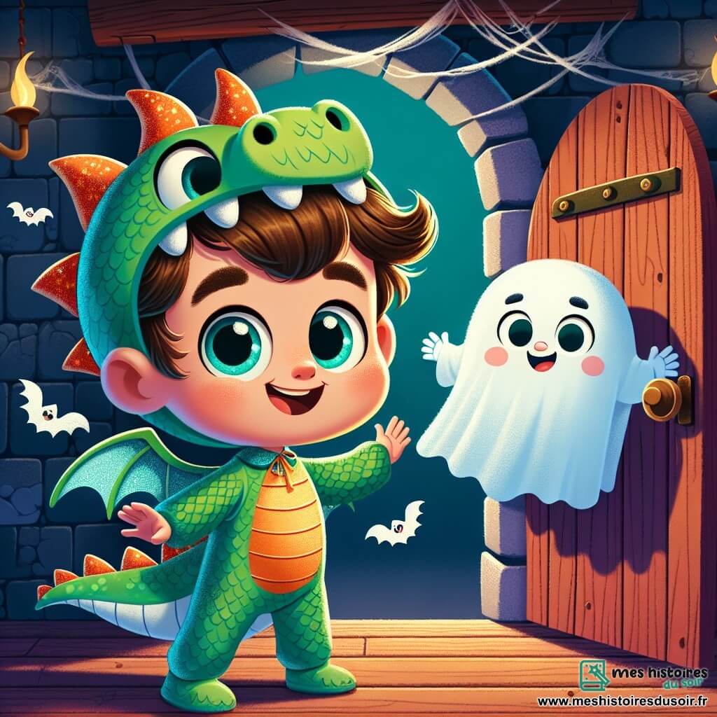 Un petit garçon de 4 ans, Louis, porte un costume de dragon vert avec des ailes scintillantes. Il a des yeux curieux et un grand sourire, prêt à entrer dans une maison hantée. À ses côtés, un petit fantôme nommé Gustave flotte joyeusement, l'encourageant à entrer. La scène se déroule dans une vieille maison avec des murs en pierre, des toiles d'araignées et des chauves-souris en papier. Louis et Gustave sont excités à l'idée de découvrir des bonbons magiques à l'intérieur.
