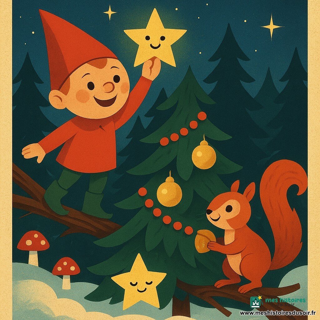 Pipo, petit lutin au visage rond et joufflu, bonnet rouge pointu et bottes vertes brillantes, grimpe sur une branche robuste avec un grand sourire malicieux pour poser une petite étoile lumineuse tout en haut d’un sapin décoré; un écureuil roux, pelage duveteux et yeux ronds, danse sur une branche basse en tenant une noisette dorée et regarde émerveillé, tandis qu’une étoile tombée, petit personnage jaune aux yeux fermés, repose dans la neige proche, le tout dans une forêt de sapins verts foncés, sol poudreux, champignons rouges à chapeaux blancs, guirlandes rouges, ciel bleu profond de crépuscule avec quelques étoiles et une lumière douce qui fait briller la neige et les boules dorées.